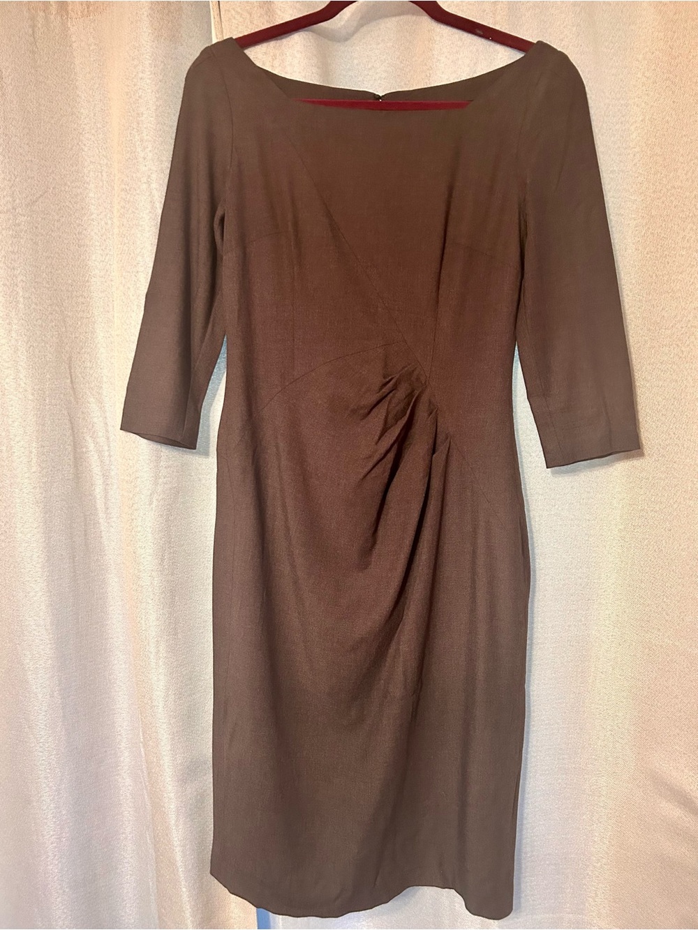 Talbot Runhof Elegant Brown Midi Sheath Dress with Side Drape Size 8